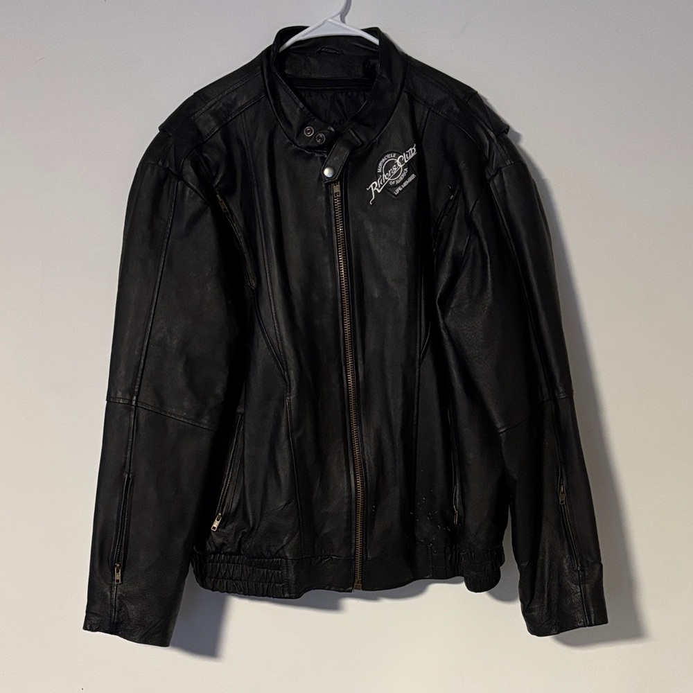 Men's Riders Club Black Leather Motorcycle Jacket with Embroidered Logo Sz. XXL